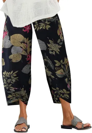 Summer Capri Pants for Women, Cotton Linen Wide Leg Womens Cropped Pants Beach Elastic Waist Crop Trousers