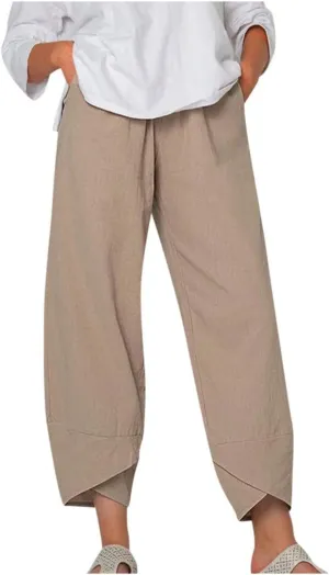 Summer Capri Pants for Women, Cotton Linen Wide Leg Womens Cropped Pants Beach Elastic Waist Crop Trousers