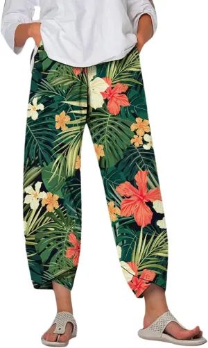 Summer Capri Pants for Women, Cotton Linen Wide Leg Womens Cropped Pants Beach Elastic Waist Crop Trousers