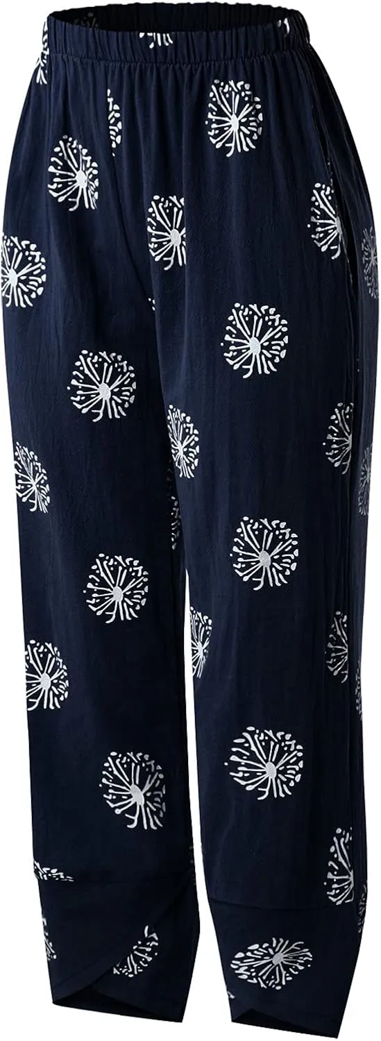 Summer Capri Pants for Women, Cotton Linen Wide Leg Womens Cropped Pants Beach Elastic Waist Crop Trousers