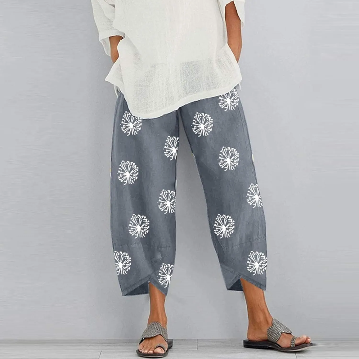 Summer Capri Pants for Women, Cotton Linen Wide Leg Womens Cropped Pants Beach Elastic Waist Crop Trousers
