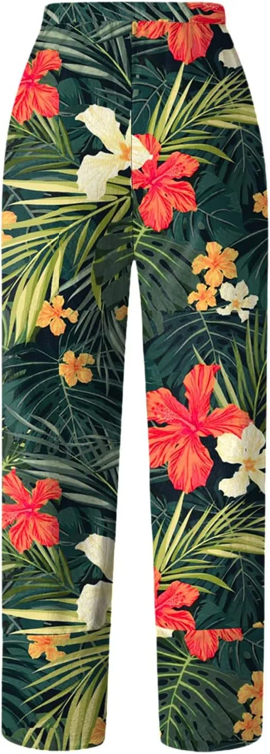 Summer Capri Pants for Women, Cotton Linen Wide Leg Womens Cropped Pants Beach Elastic Waist Crop Trousers