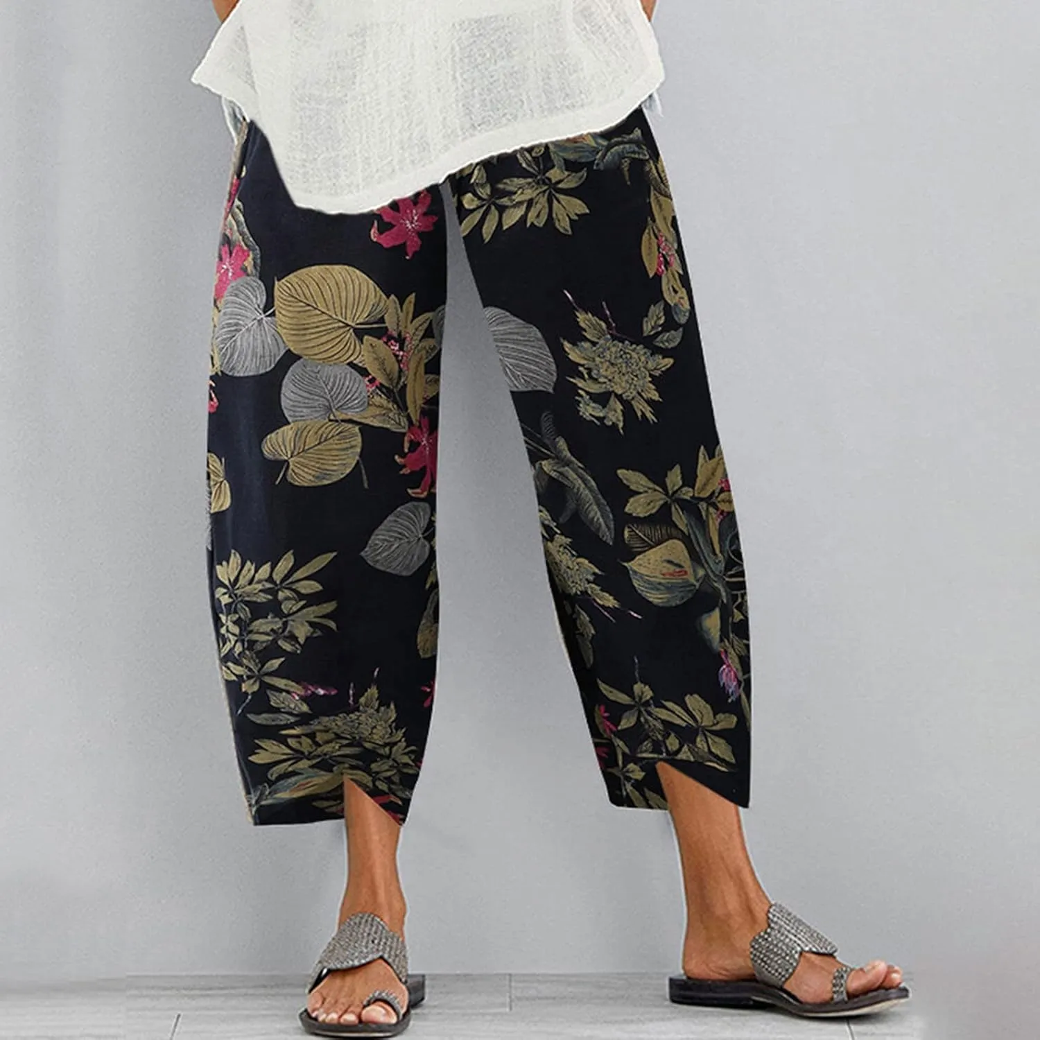 Summer Capri Pants for Women, Cotton Linen Wide Leg Womens Cropped Pants Beach Elastic Waist Crop Trousers