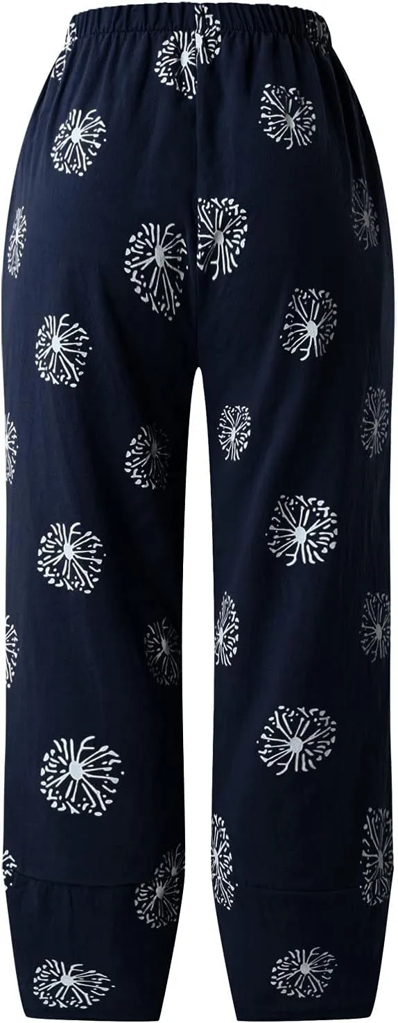 Summer Capri Pants for Women, Cotton Linen Wide Leg Womens Cropped Pants Beach Elastic Waist Crop Trousers
