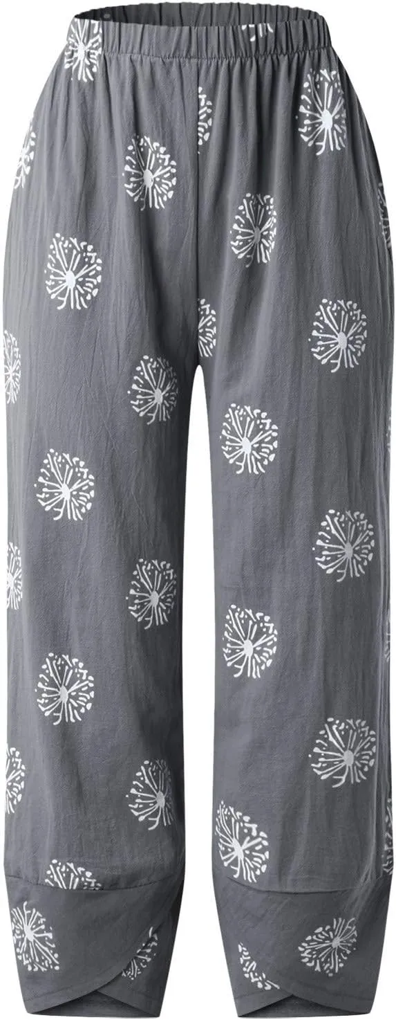 Summer Capri Pants for Women, Cotton Linen Wide Leg Womens Cropped Pants Beach Elastic Waist Crop Trousers