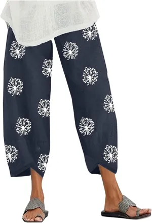 Summer Capri Pants for Women, Cotton Linen Wide Leg Womens Cropped Pants Beach Elastic Waist Crop Trousers