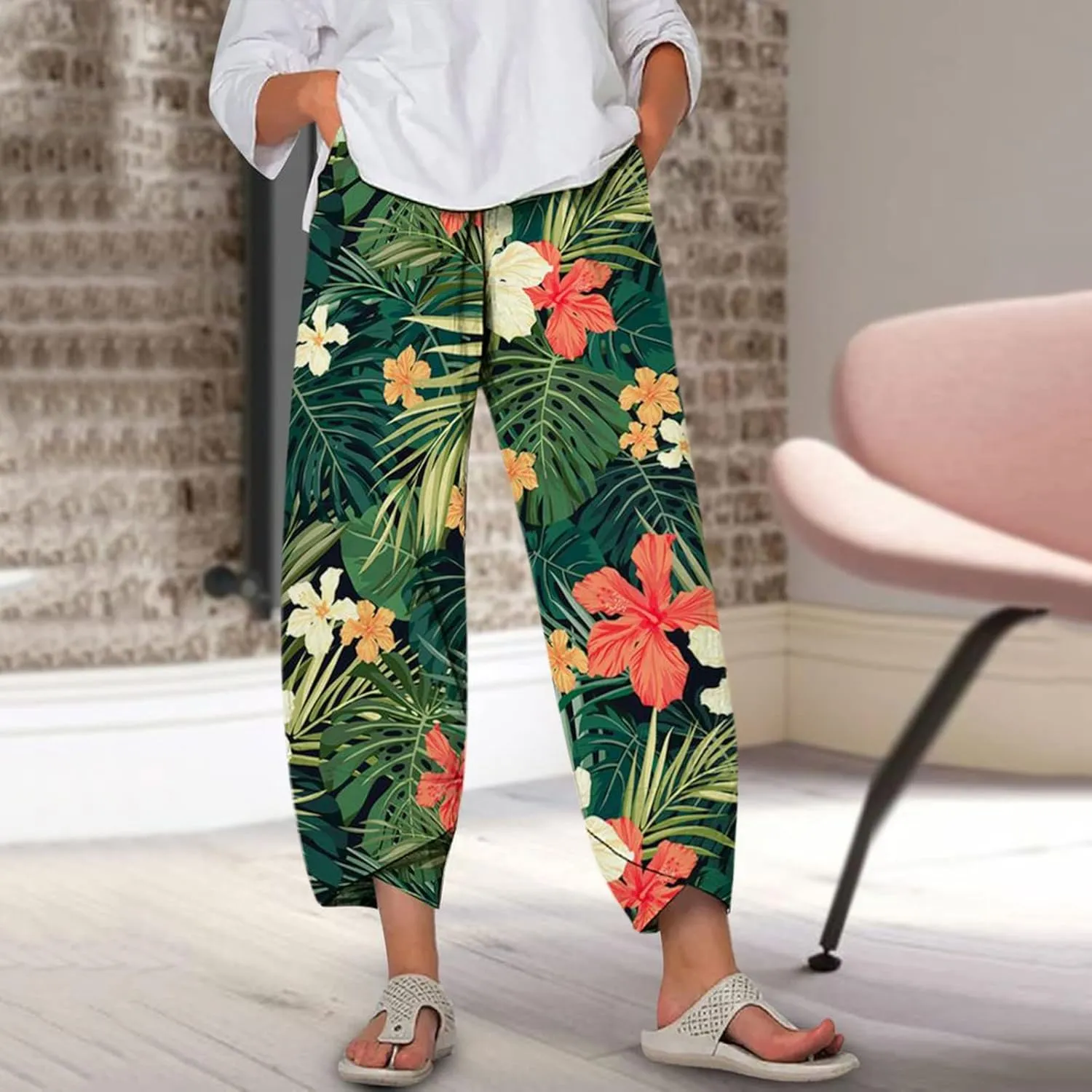 Summer Capri Pants for Women, Cotton Linen Wide Leg Womens Cropped Pants Beach Elastic Waist Crop Trousers