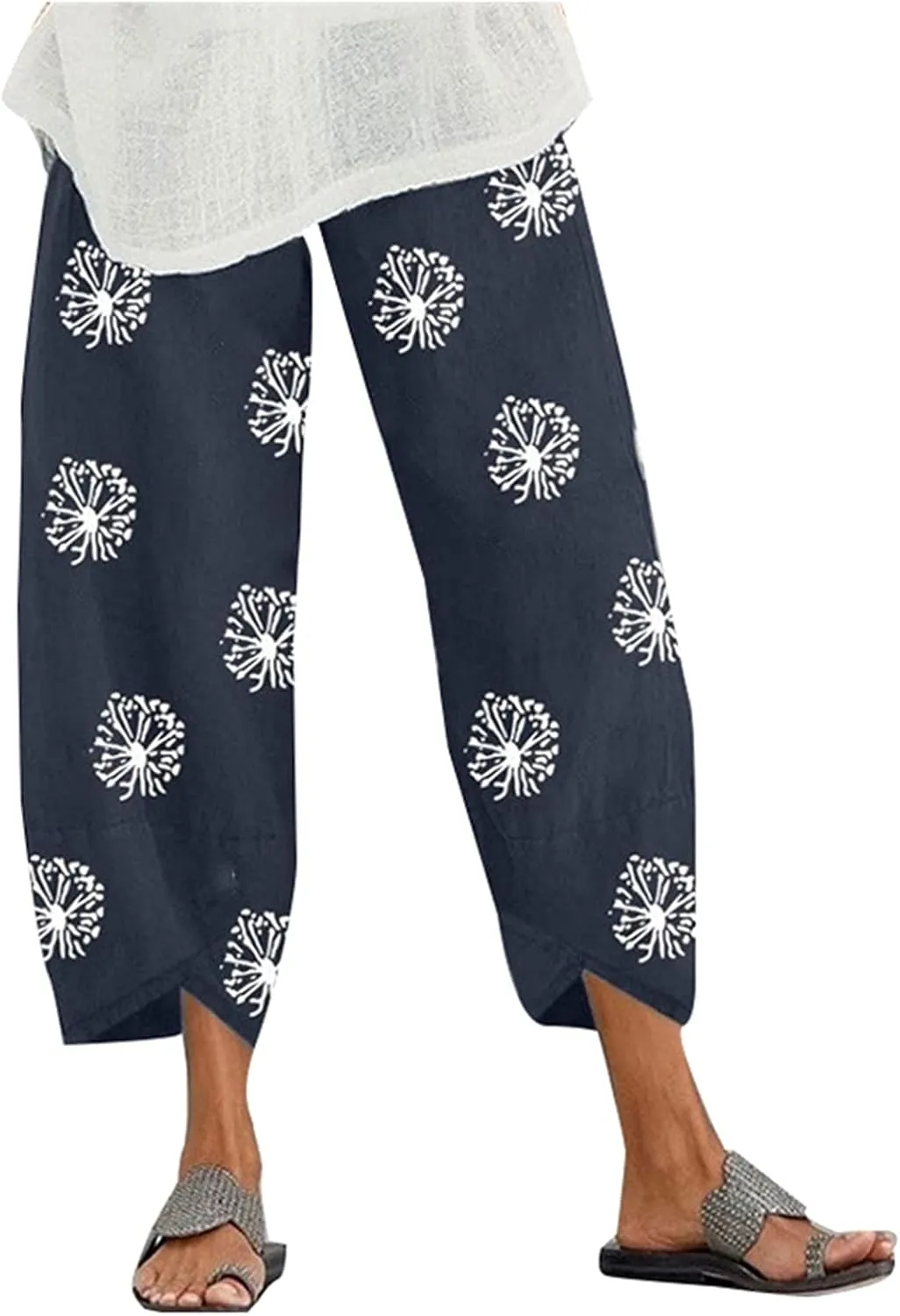 Summer Capri Pants for Women, Cotton Linen Wide Leg Womens Cropped Pants Beach Elastic Waist Crop Trousers