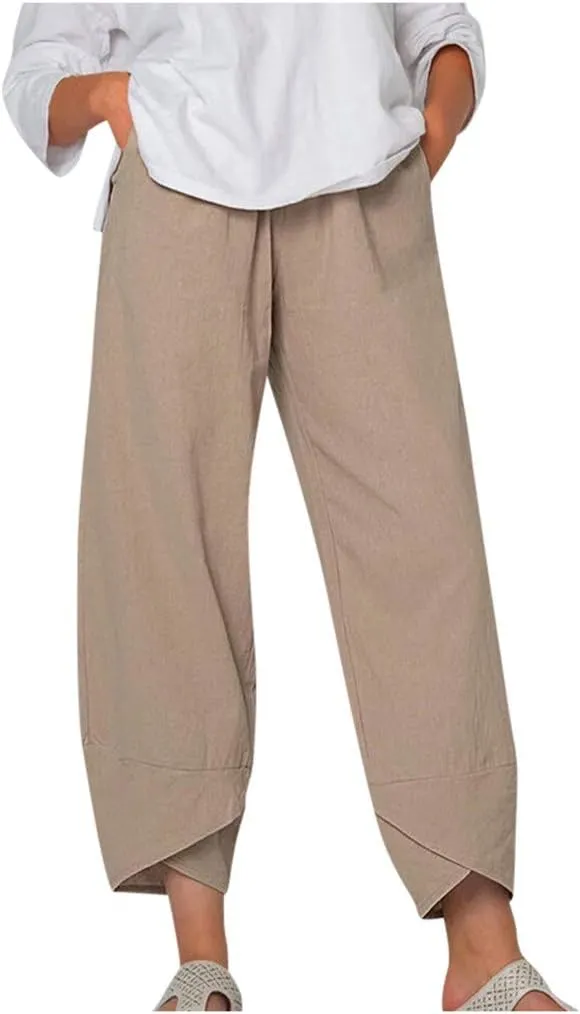 Summer Capri Pants for Women, Cotton Linen Wide Leg Womens Cropped Pants Beach Elastic Waist Crop Trousers