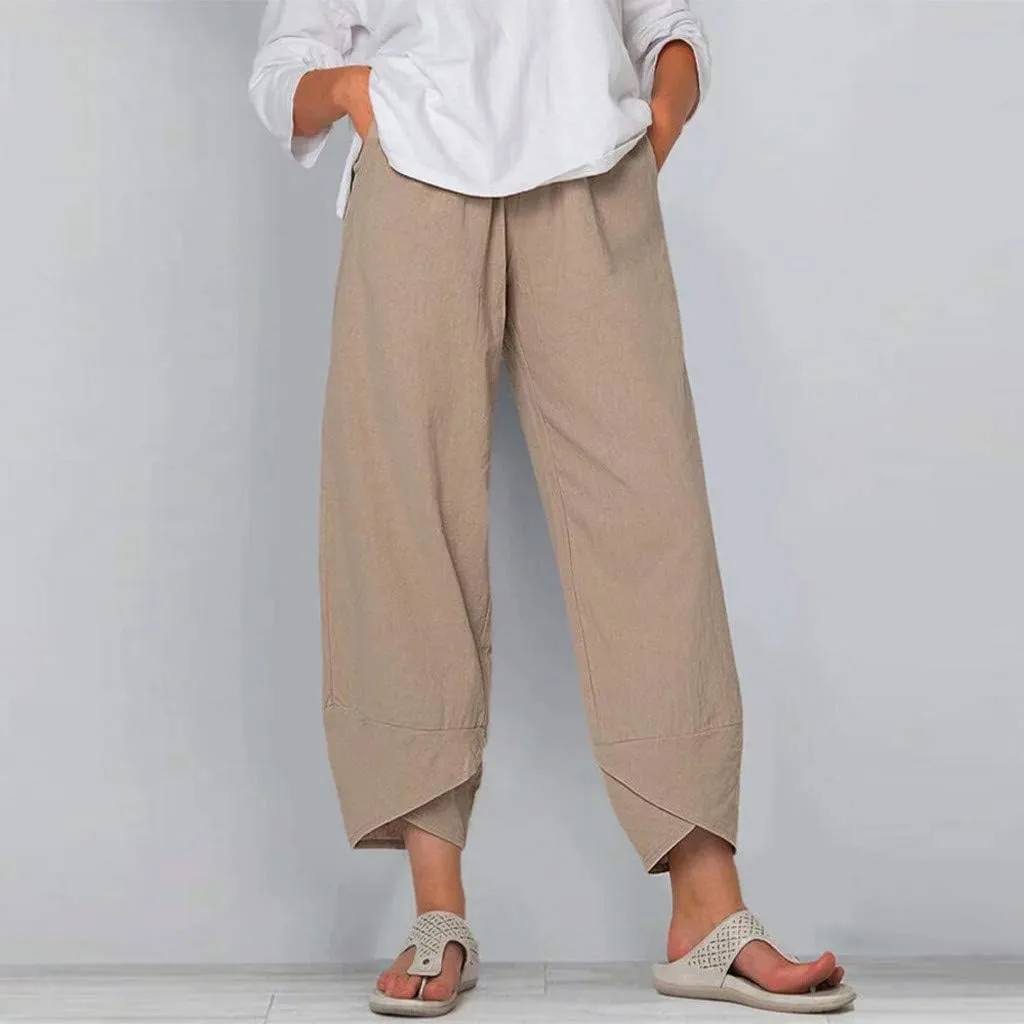Summer Capri Pants for Women, Cotton Linen Wide Leg Womens Cropped Pants Beach Elastic Waist Crop Trousers
