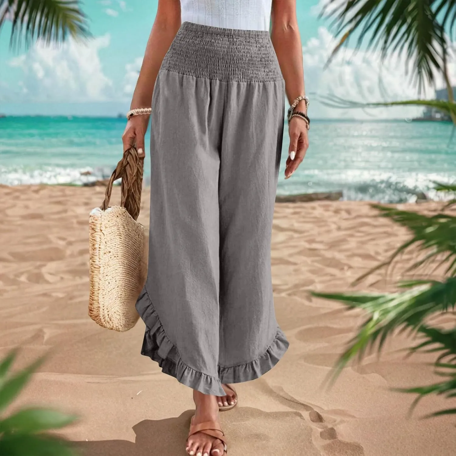 Summer Linen Pants Women Wide Leg Ruffle Hem Pants High Waisted Palazzo Trousers Boho Flowy Beach Pant with Pocket