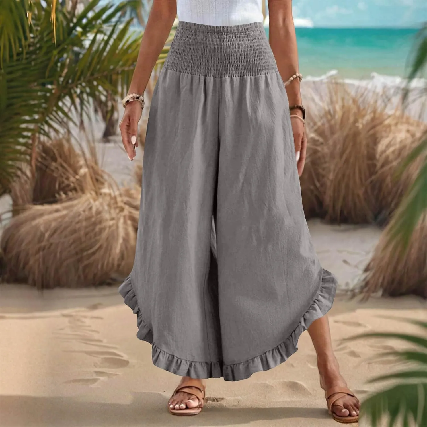 Summer Linen Pants Women Wide Leg Ruffle Hem Pants High Waisted Palazzo Trousers Boho Flowy Beach Pant with Pocket