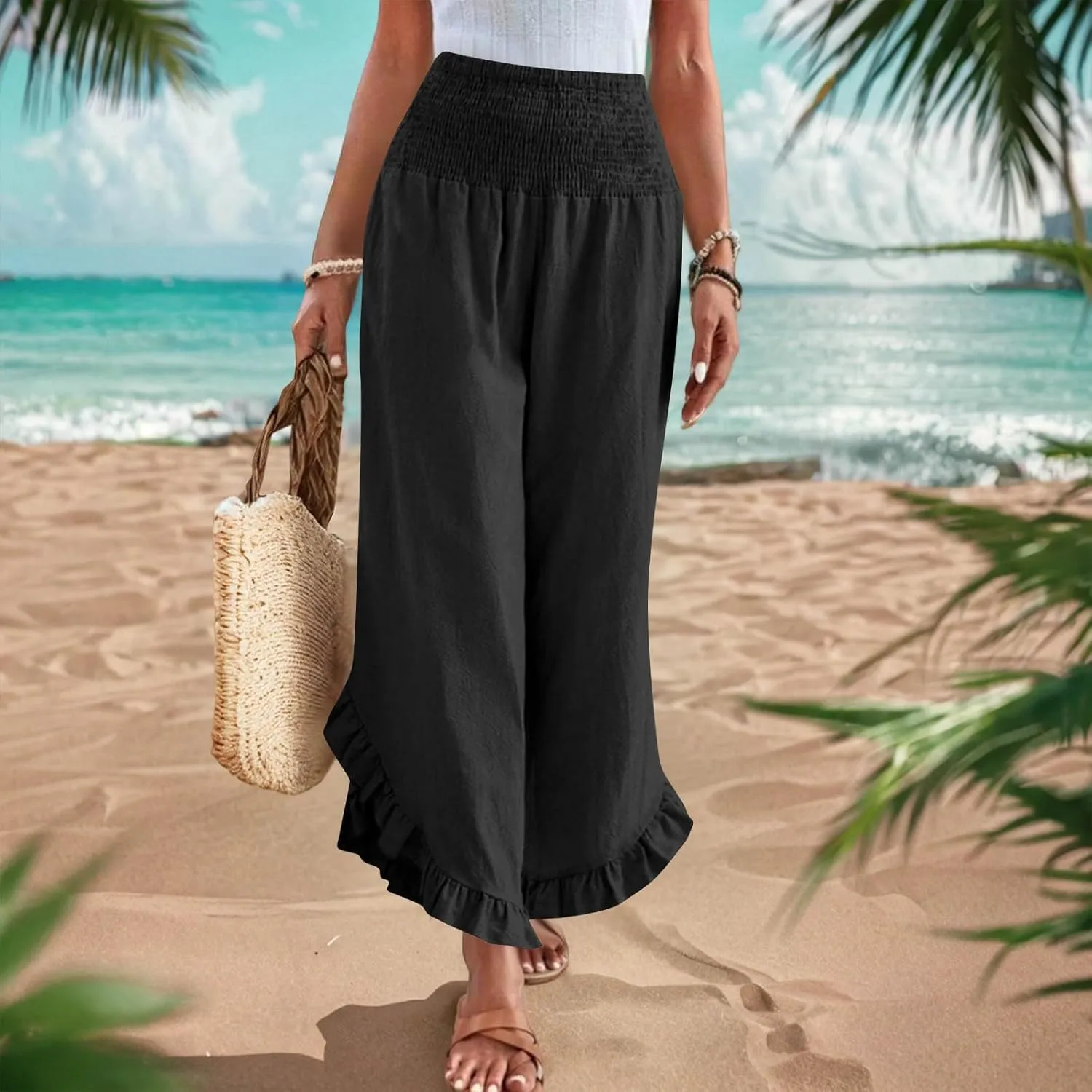 Summer Linen Pants Women Wide Leg Ruffle Hem Pants High Waisted Palazzo Trousers Boho Flowy Beach Pant with Pocket