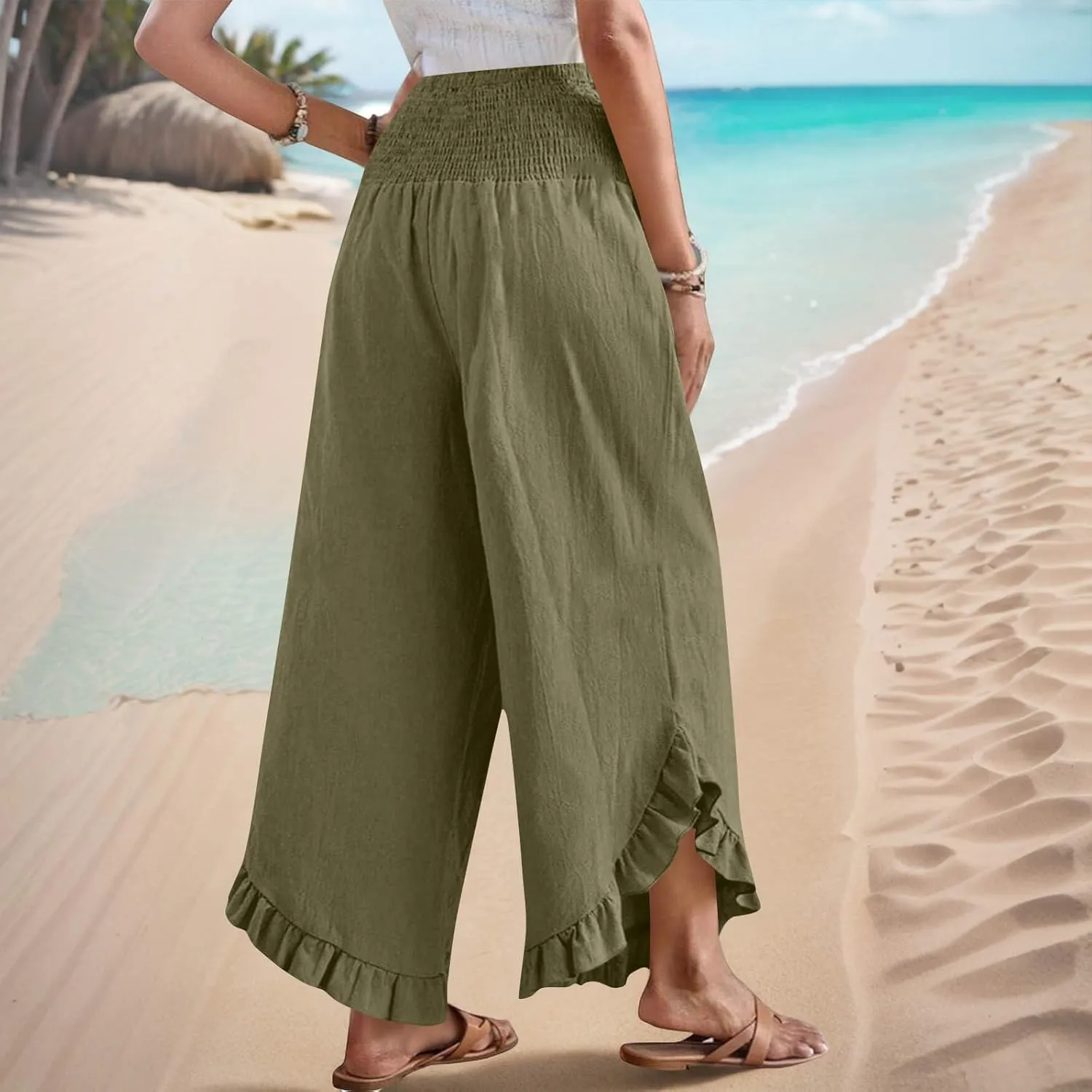 Summer Linen Pants Women Wide Leg Ruffle Hem Pants High Waisted Palazzo Trousers Boho Flowy Beach Pant with Pocket
