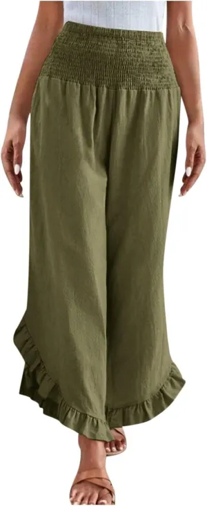 Summer Linen Pants Women Wide Leg Ruffle Hem Pants High Waisted Palazzo Trousers Boho Flowy Beach Pant with Pocket