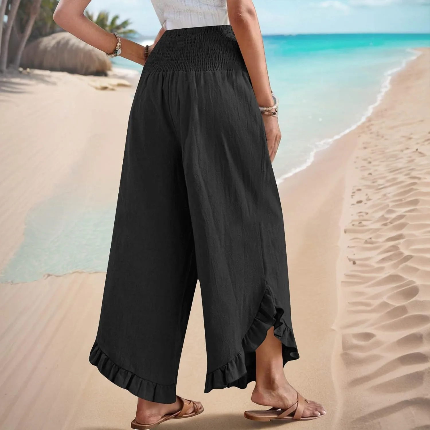 Summer Linen Pants Women Wide Leg Ruffle Hem Pants High Waisted Palazzo Trousers Boho Flowy Beach Pant with Pocket