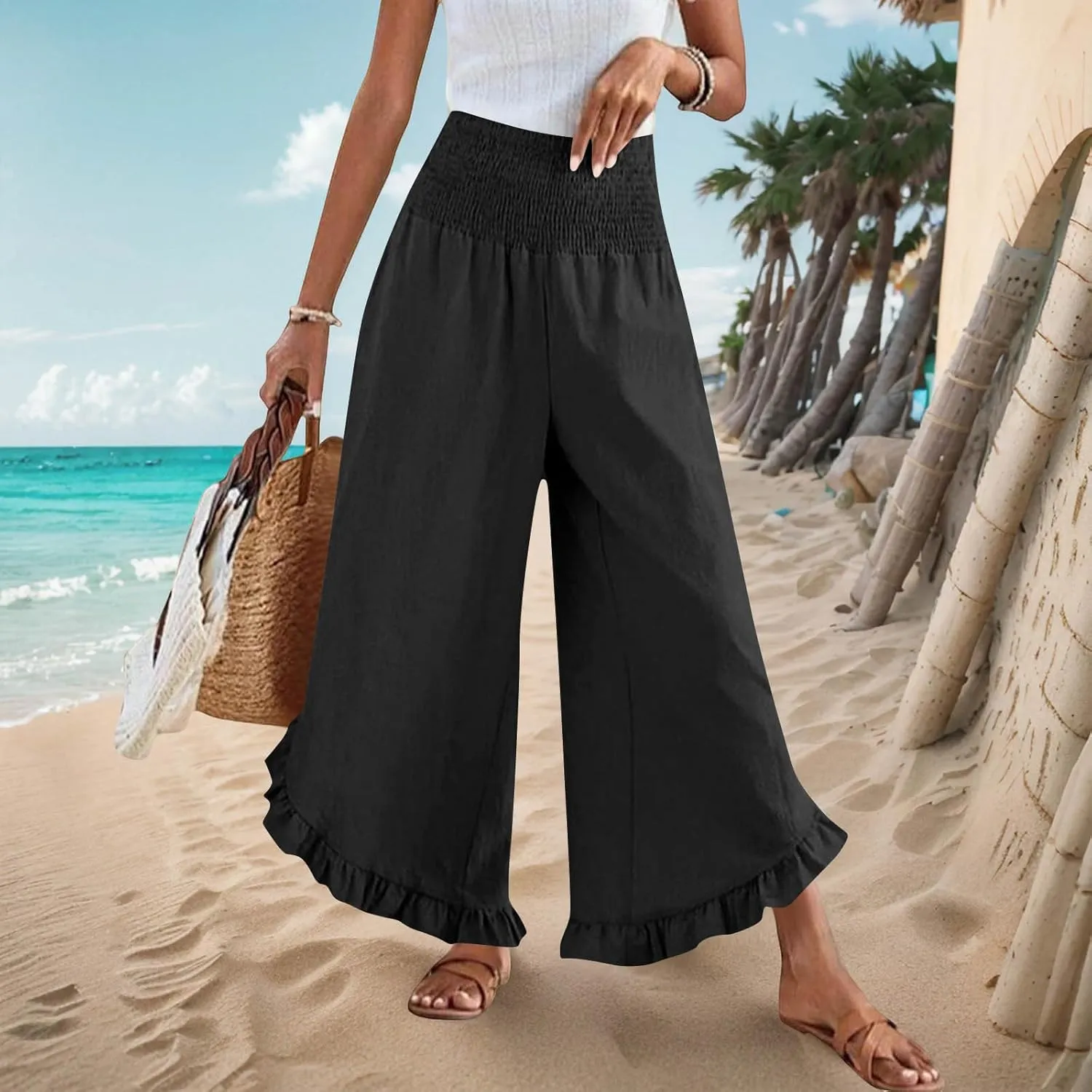 Summer Linen Pants Women Wide Leg Ruffle Hem Pants High Waisted Palazzo Trousers Boho Flowy Beach Pant with Pocket