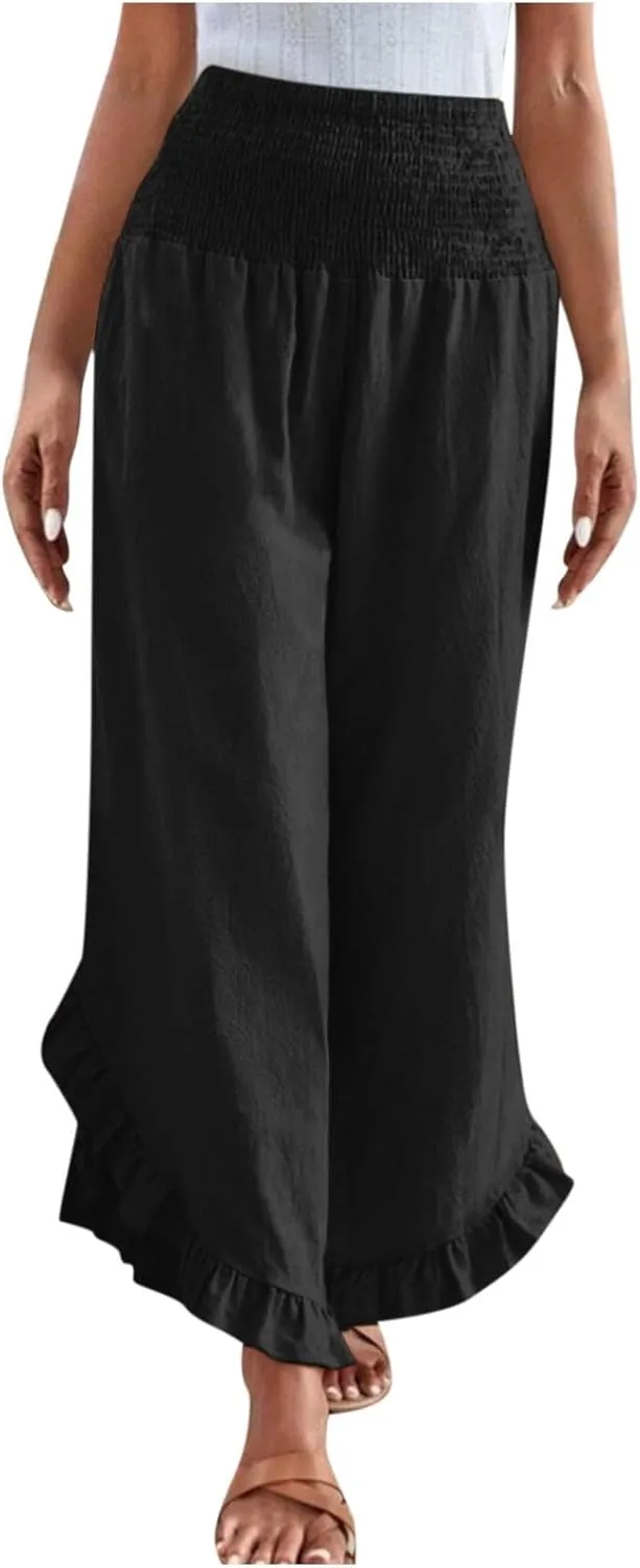 Summer Linen Pants Women Wide Leg Ruffle Hem Pants High Waisted Palazzo Trousers Boho Flowy Beach Pant with Pocket