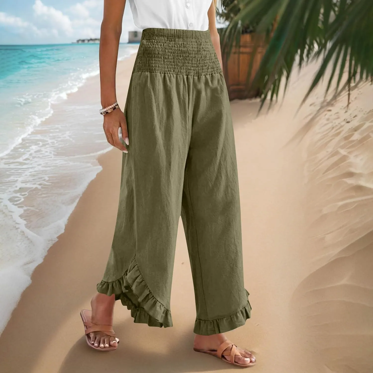 Summer Linen Pants Women Wide Leg Ruffle Hem Pants High Waisted Palazzo Trousers Boho Flowy Beach Pant with Pocket