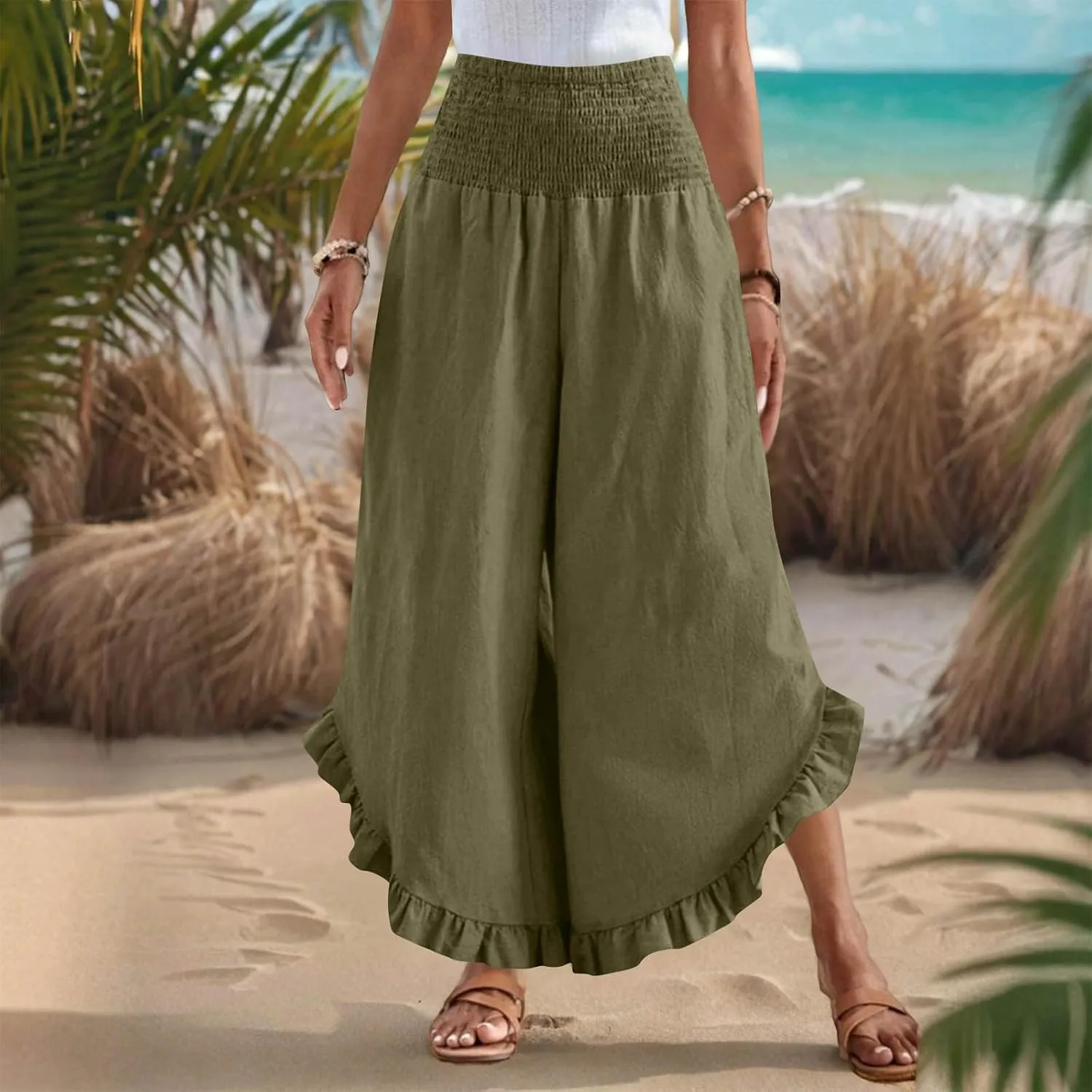 Summer Linen Pants Women Wide Leg Ruffle Hem Pants High Waisted Palazzo Trousers Boho Flowy Beach Pant with Pocket