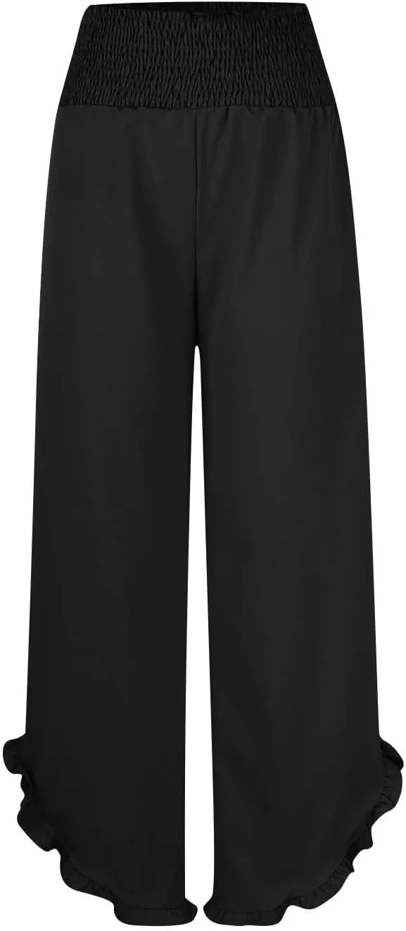 Summer Linen Pants Women Wide Leg Ruffle Hem Pants High Waisted Palazzo Trousers Boho Flowy Beach Pant with Pocket