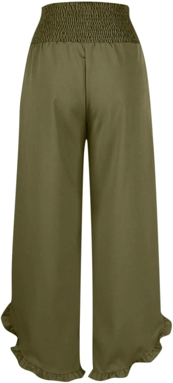 Summer Linen Pants Women Wide Leg Ruffle Hem Pants High Waisted Palazzo Trousers Boho Flowy Beach Pant with Pocket