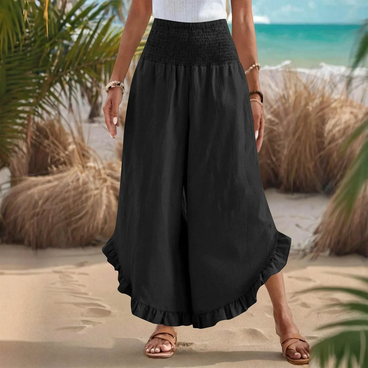 Summer Linen Pants Women Wide Leg Ruffle Hem Pants High Waisted Palazzo Trousers Boho Flowy Beach Pant with Pocket