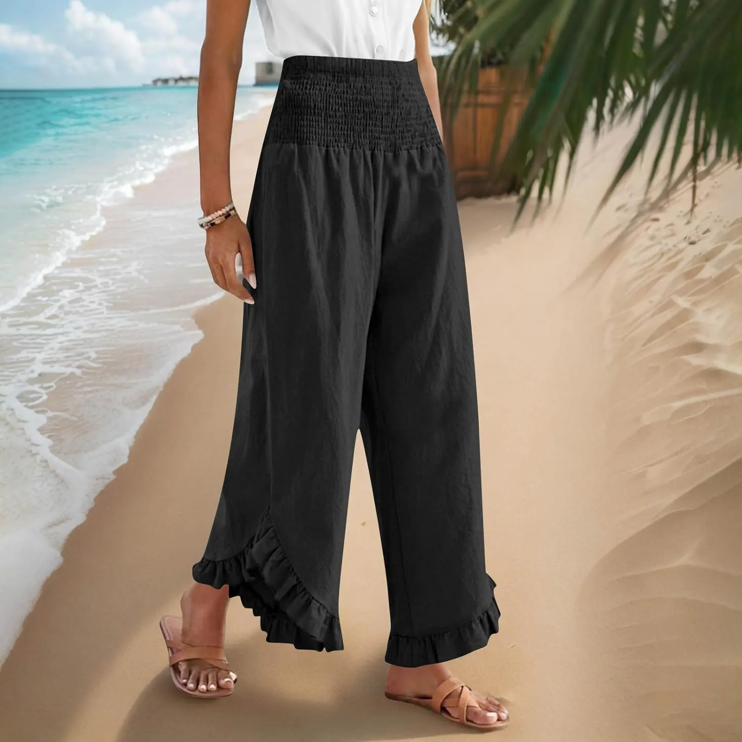 Summer Linen Pants Women Wide Leg Ruffle Hem Pants High Waisted Palazzo Trousers Boho Flowy Beach Pant with Pocket