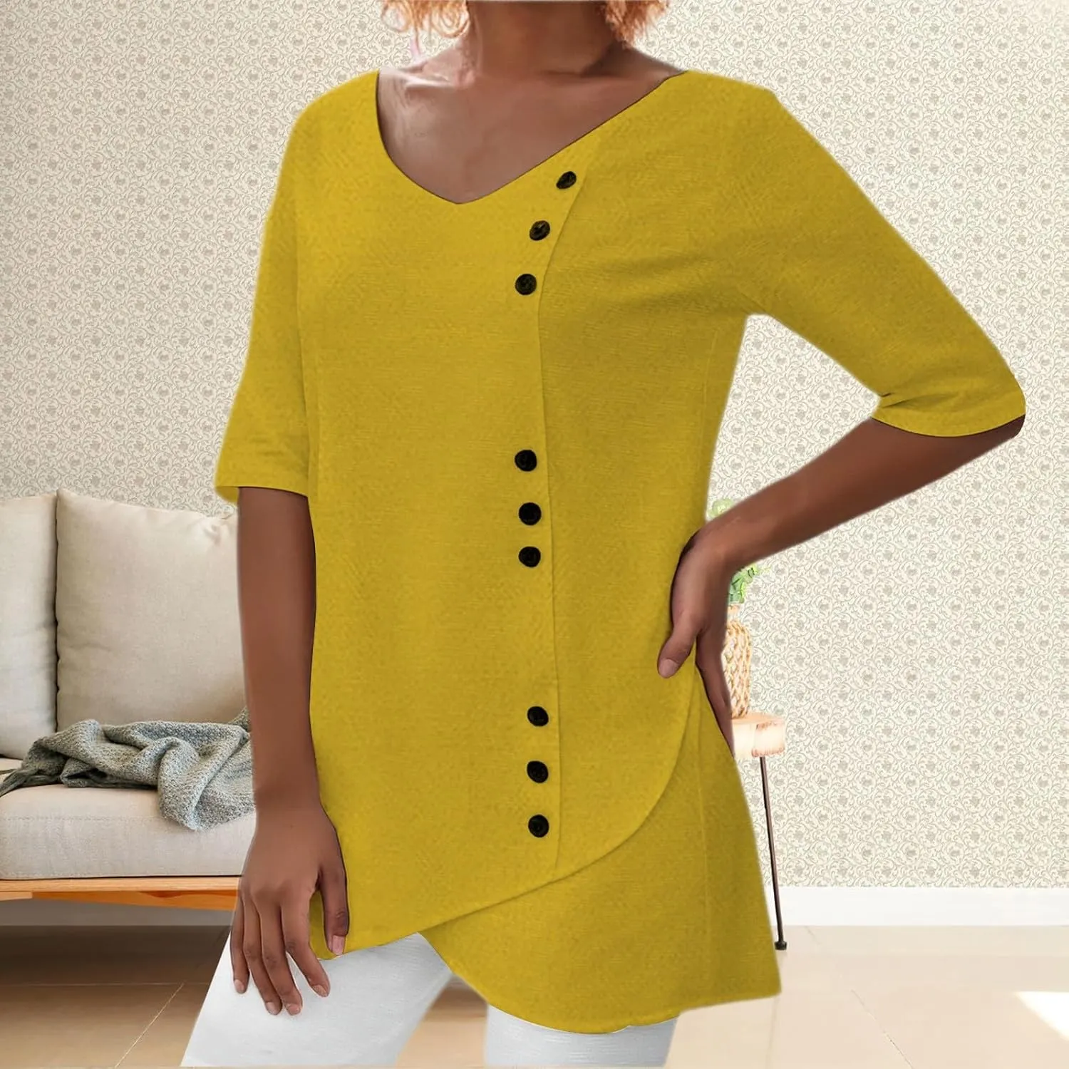 Summer Linen Shirt for Women V Neck Short Sleeve Irregular Hem Top Casual Loose Linen Blouse Tops