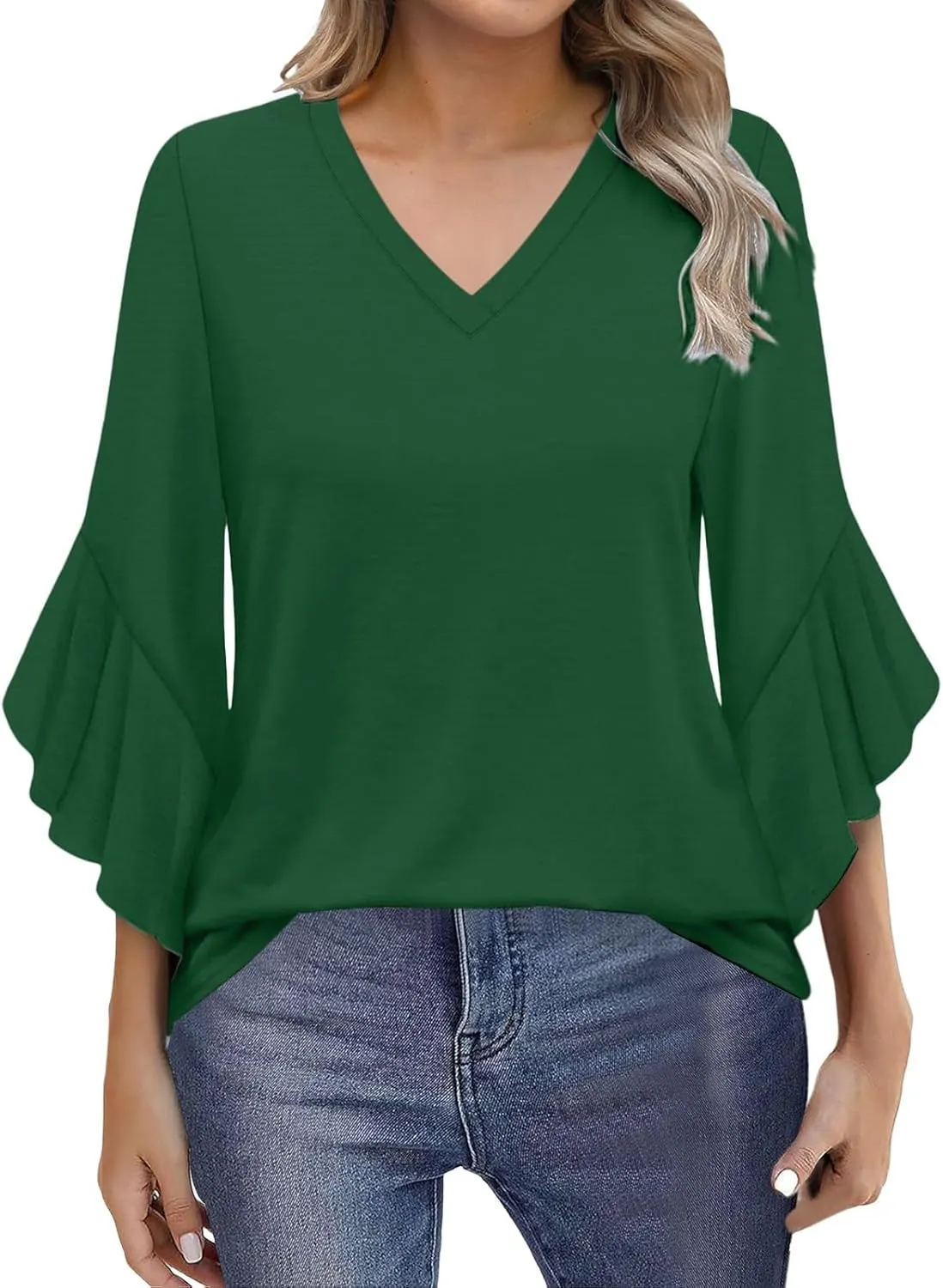 Summer Shirts for Women 3/4 Horn Ruffled Sleeve Tunic Tops Casual Fashion Thin Lightweight Breathable Vacation Tshirt