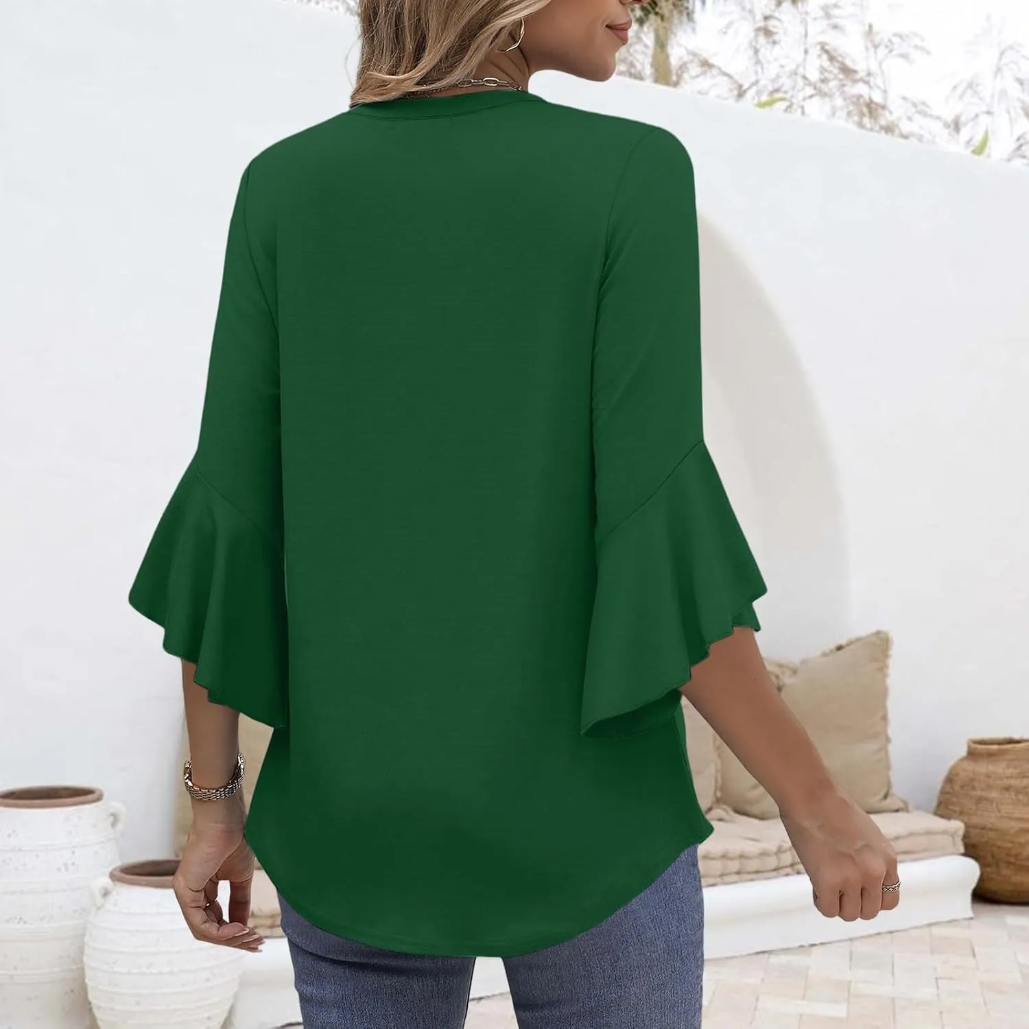 Summer Shirts for Women 3/4 Horn Ruffled Sleeve Tunic Tops Casual Fashion Thin Lightweight Breathable Vacation Tshirt