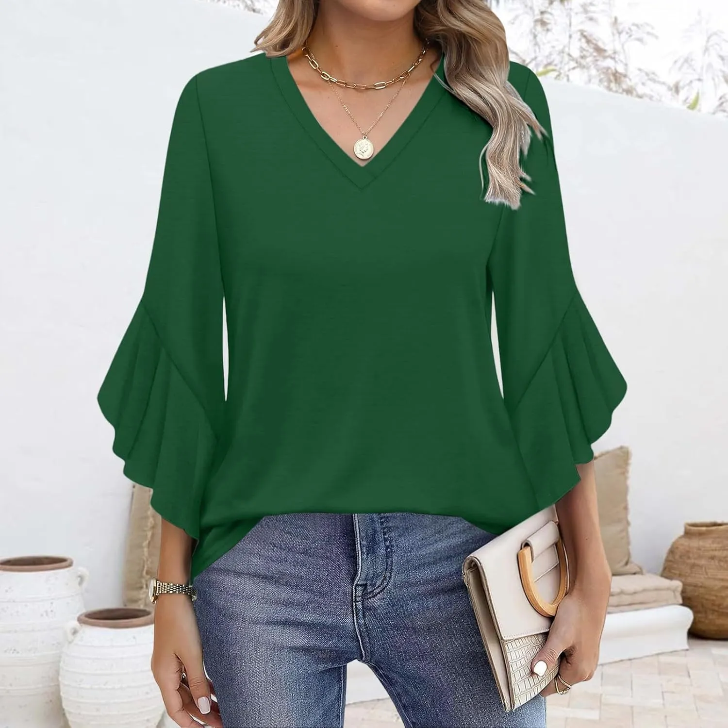 Summer Shirts for Women 3/4 Horn Ruffled Sleeve Tunic Tops Casual Fashion Thin Lightweight Breathable Vacation Tshirt