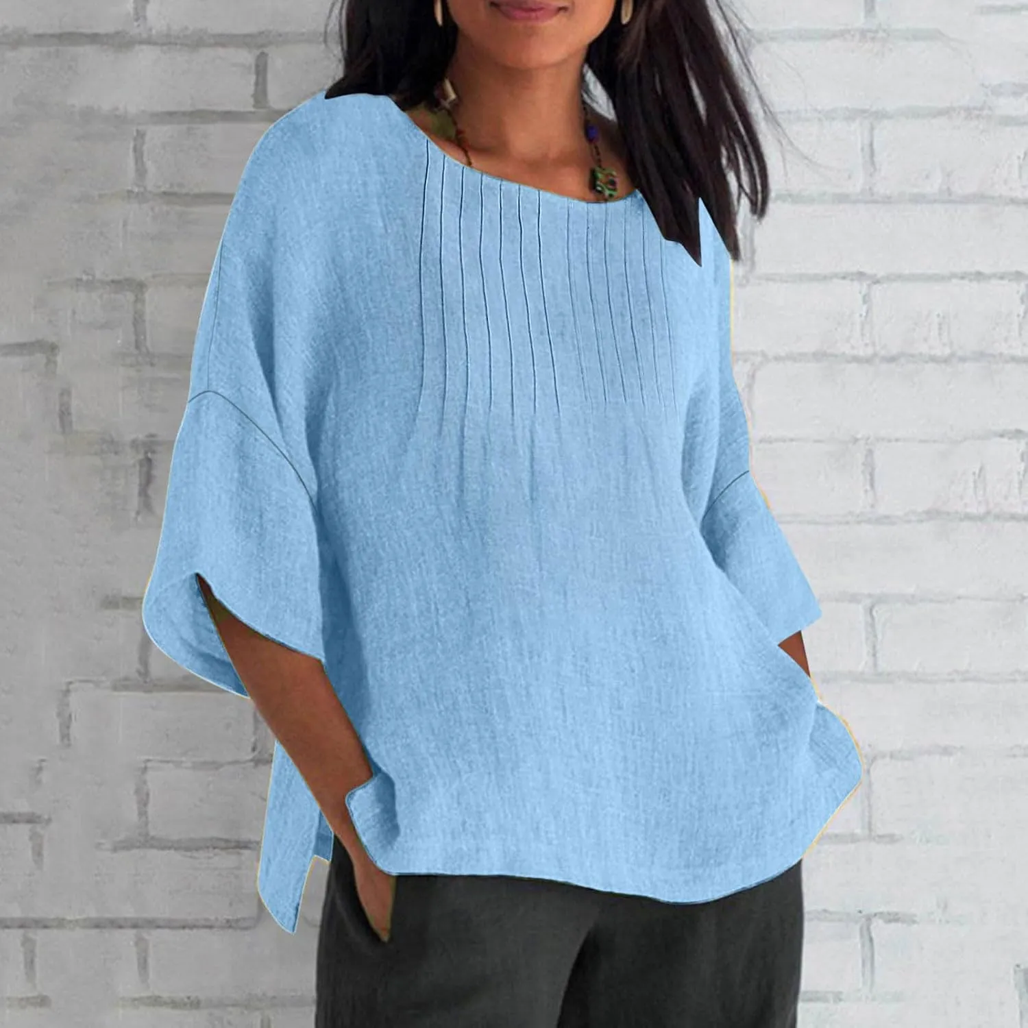 Summer Tops for Women 2025 Trendy Pleated Front Tshirt Loose Fit 3/4 Sleeve Crewneck Blouse Solid Cotton Linen Shirts