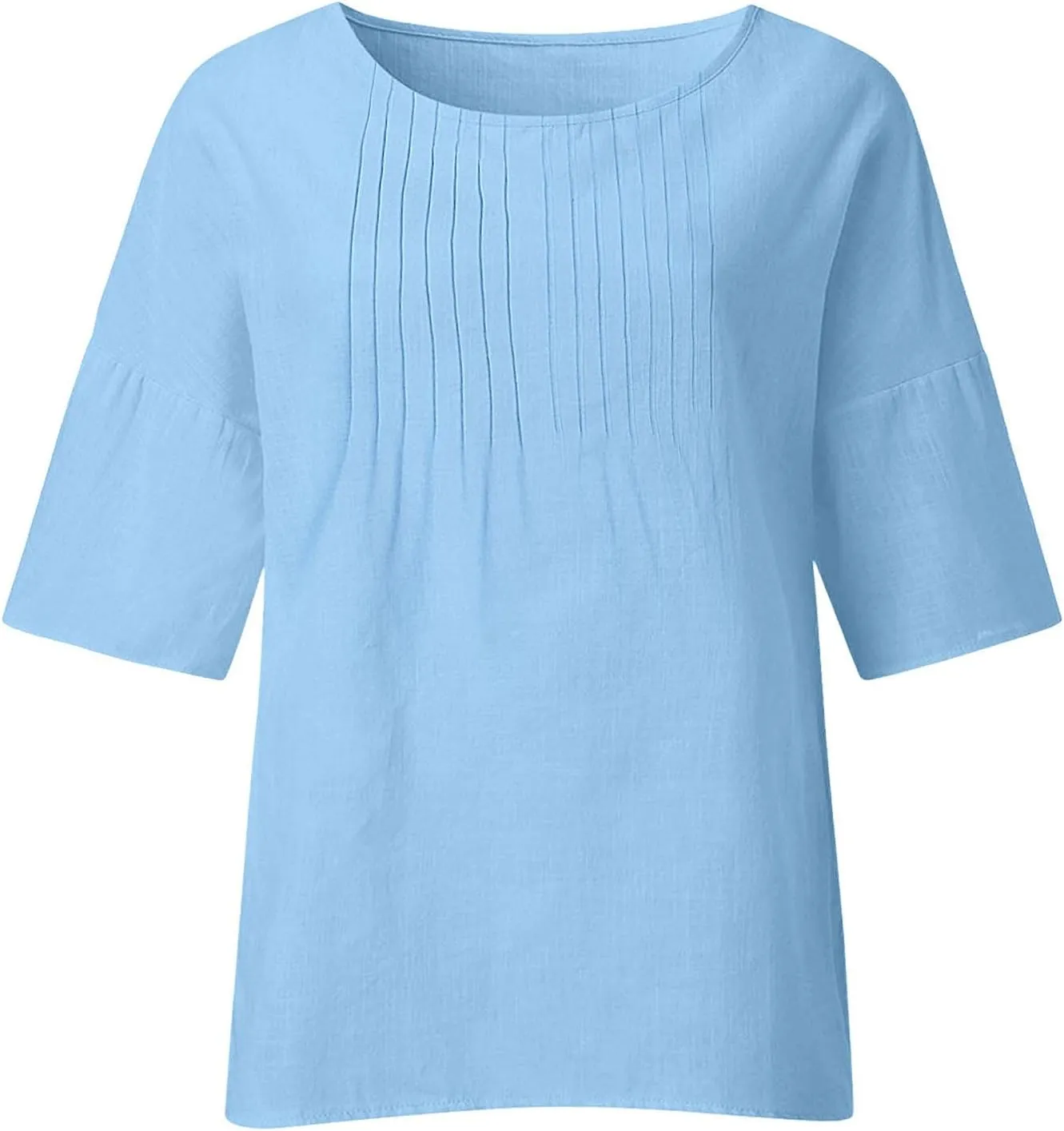 Summer Tops for Women 2025 Trendy Pleated Front Tshirt Loose Fit 3/4 Sleeve Crewneck Blouse Solid Cotton Linen Shirts