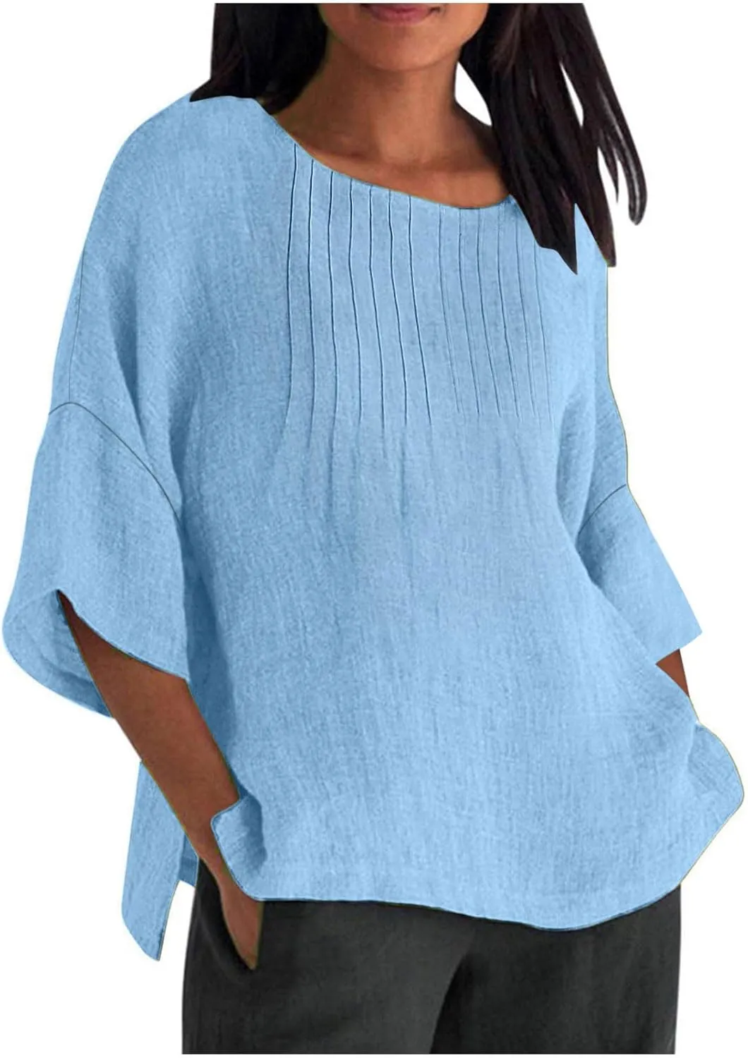 Summer Tops for Women 2025 Trendy Pleated Front Tshirt Loose Fit 3/4 Sleeve Crewneck Blouse Solid Cotton Linen Shirts