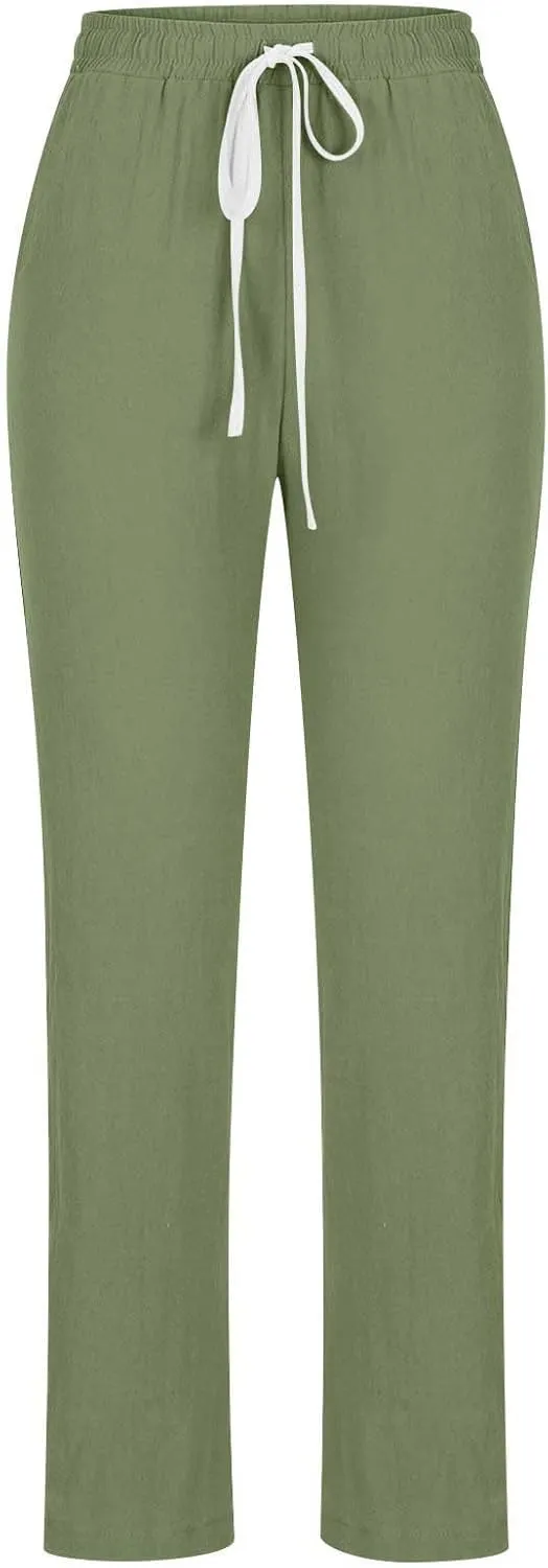 TANGNADE Cotton Linen Pants Summer 2024 Wide Leg Casual Loose Drawstring High Waist Palazzo Pants Trousers with Pockets