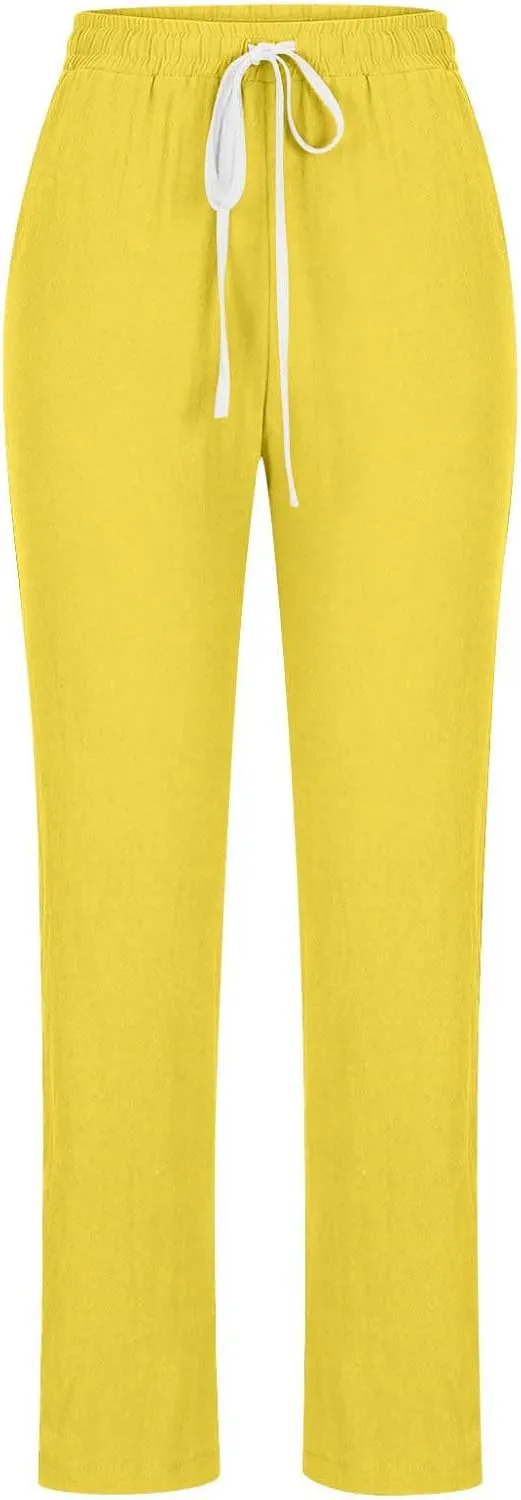 TANGNADE Cotton Linen Pants Summer 2024 Wide Leg Casual Loose Drawstring High Waist Palazzo Pants Trousers with Pockets