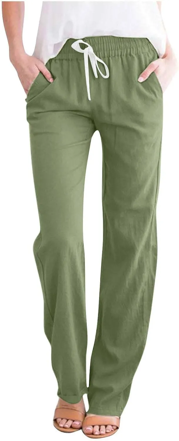 TANGNADE Cotton Linen Pants Summer 2024 Wide Leg Casual Loose Drawstring High Waist Palazzo Pants Trousers with Pockets