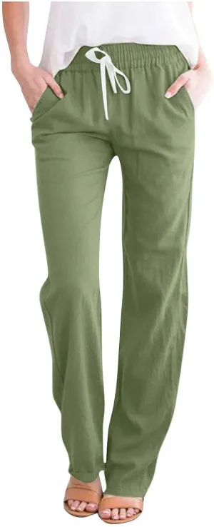 TANGNADE Cotton Linen Pants Summer 2024 Wide Leg Casual Loose Drawstring High Waist Palazzo Pants Trousers with Pockets
