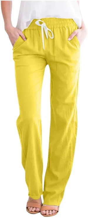 TANGNADE Cotton Linen Pants Summer 2024 Wide Leg Casual Loose Drawstring High Waist Palazzo Pants Trousers with Pockets