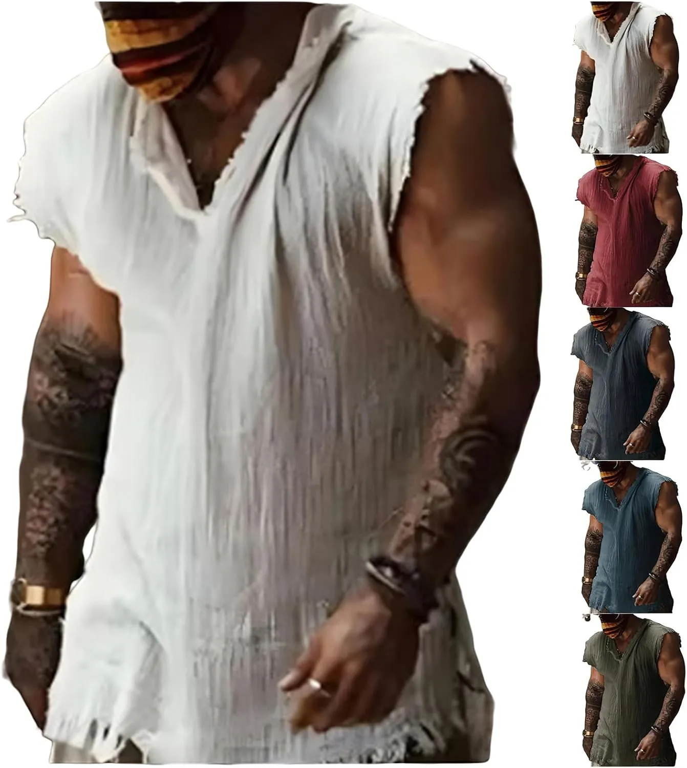 Tank Tops Men Summer Linen Tank Top Distressed V-Neck Sleeveless Workout T Shirts Gym Muscle T-Shirt with Frayed Hem