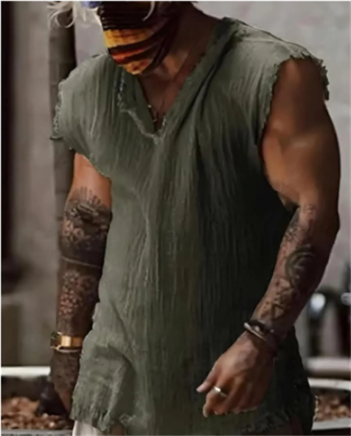Tank Tops Men Summer Linen Tank Top Distressed V-Neck Sleeveless Workout T Shirts Gym Muscle T-Shirt with Frayed Hem