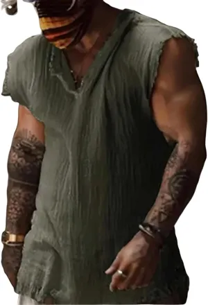 Tank Tops Men Summer Linen Tank Top Distressed V-Neck Sleeveless Workout T Shirts Gym Muscle T-Shirt with Frayed Hem