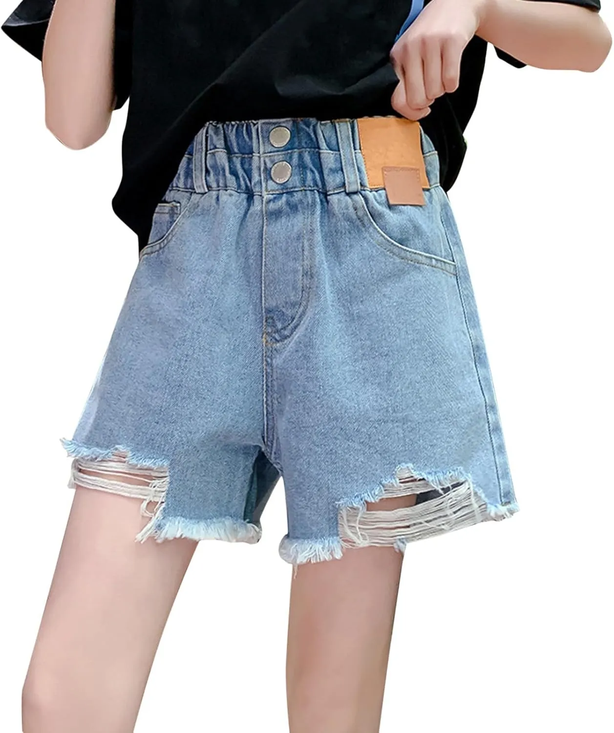 Teen Girls Cute Ripped Jean Shorts High Waisted Raw Hem Denim Shorts for Kids Girls Wide Leg Trendy Denim Hot Pants