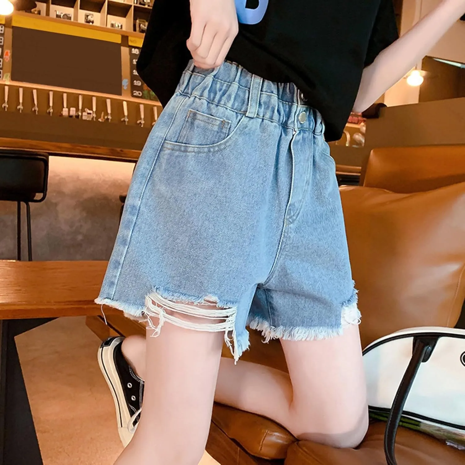 Teen Girls Cute Ripped Jean Shorts High Waisted Raw Hem Denim Shorts for Kids Girls Wide Leg Trendy Denim Hot Pants