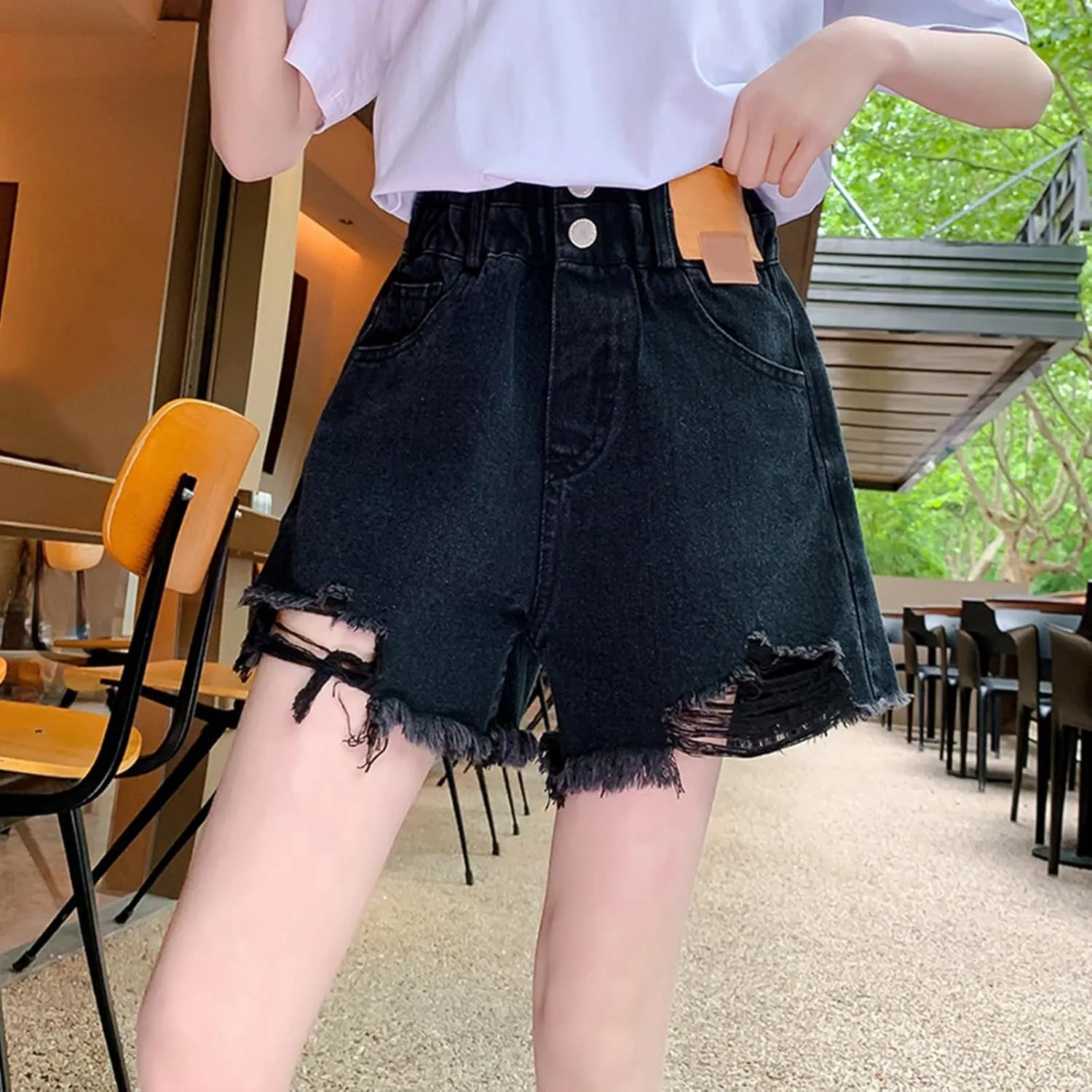 Teen Girls Cute Ripped Jean Shorts High Waisted Raw Hem Denim Shorts for Kids Girls Wide Leg Trendy Denim Hot Pants