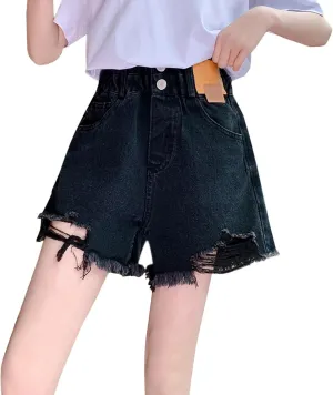 Teen Girls Cute Ripped Jean Shorts High Waisted Raw Hem Denim Shorts for Kids Girls Wide Leg Trendy Denim Hot Pants