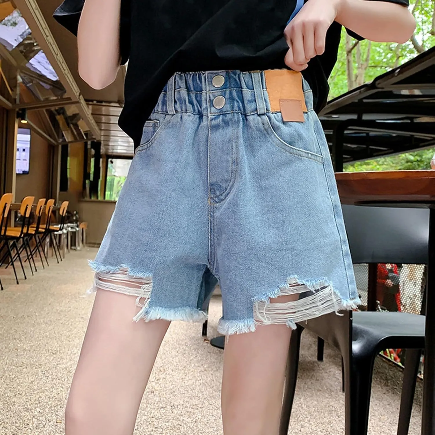 Teen Girls Cute Ripped Jean Shorts High Waisted Raw Hem Denim Shorts for Kids Girls Wide Leg Trendy Denim Hot Pants