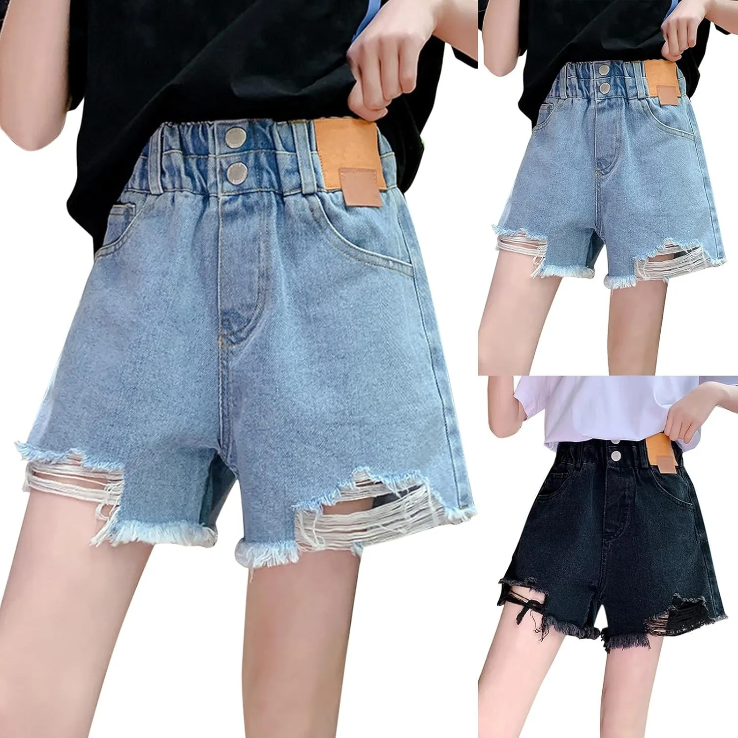 Teen Girls Cute Ripped Jean Shorts High Waisted Raw Hem Denim Shorts for Kids Girls Wide Leg Trendy Denim Hot Pants