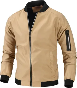Thatrich Bomber Jacket Men Full Zip Coat Lightweight Cropped Jacket Slim Fit Biker Jacket Long Sleeve Casual Shirts Outerwear